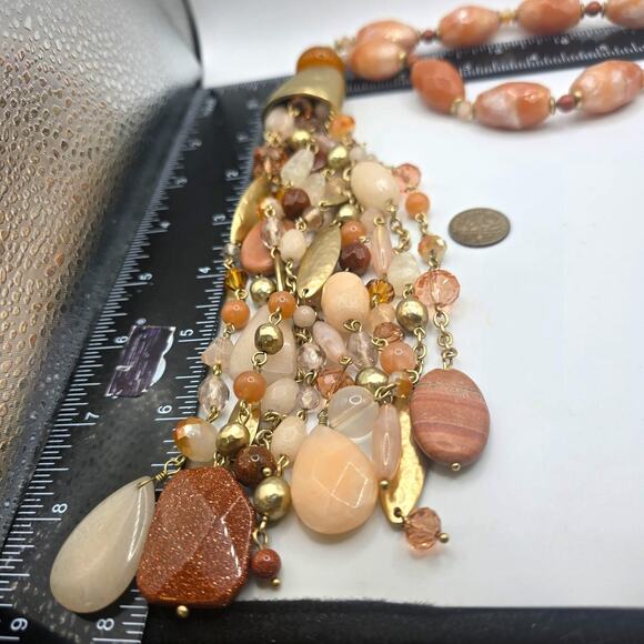 Chico's Statement Necklace Long Tassel Pendant Gold Tone Mixed Bead Peach Coral - Picture 5 of 12